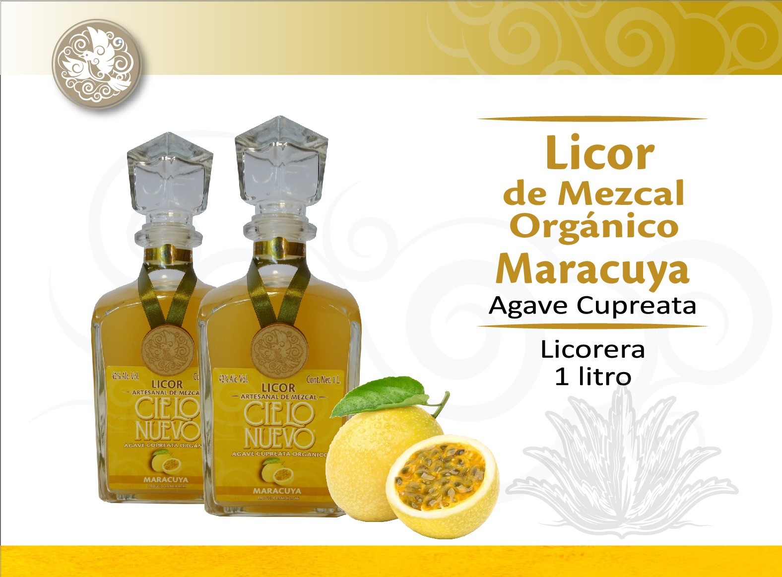 Licor de mezcal Cielo Nuevo de maracuyá, agave Cupreata